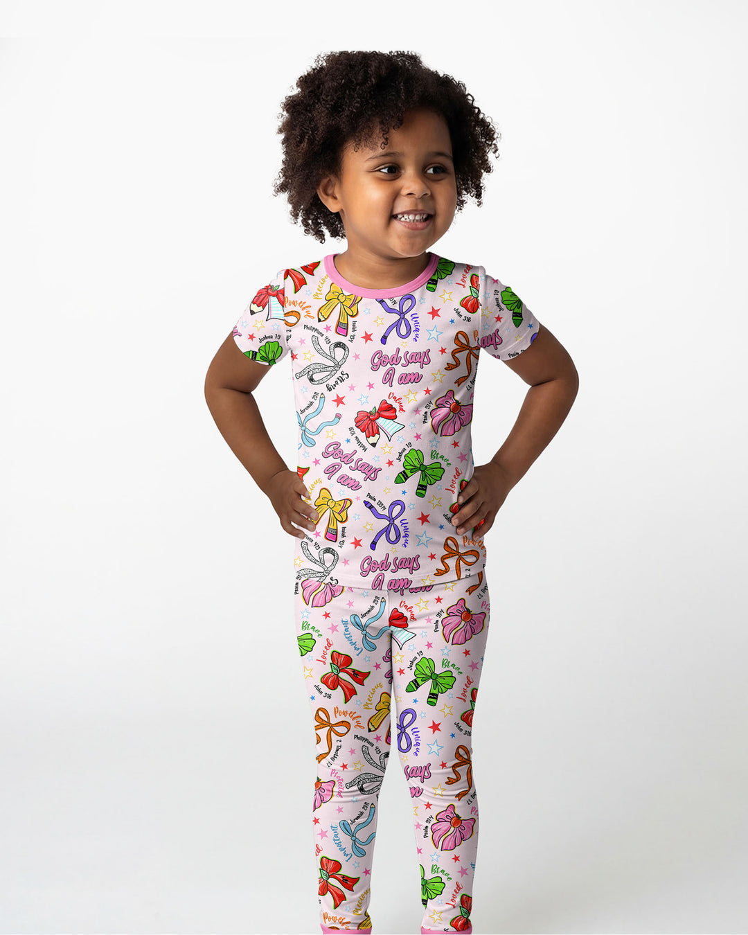 Pencil Bows God Says I Am Bamboo Two Piece Short Sleeve Pajama Set