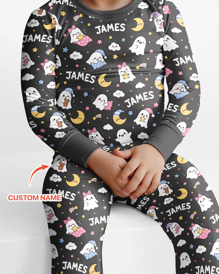 Sweet Dreams Cute Ghost Custom Name Bamboo Two Piece Long Sleeve Pajama Set