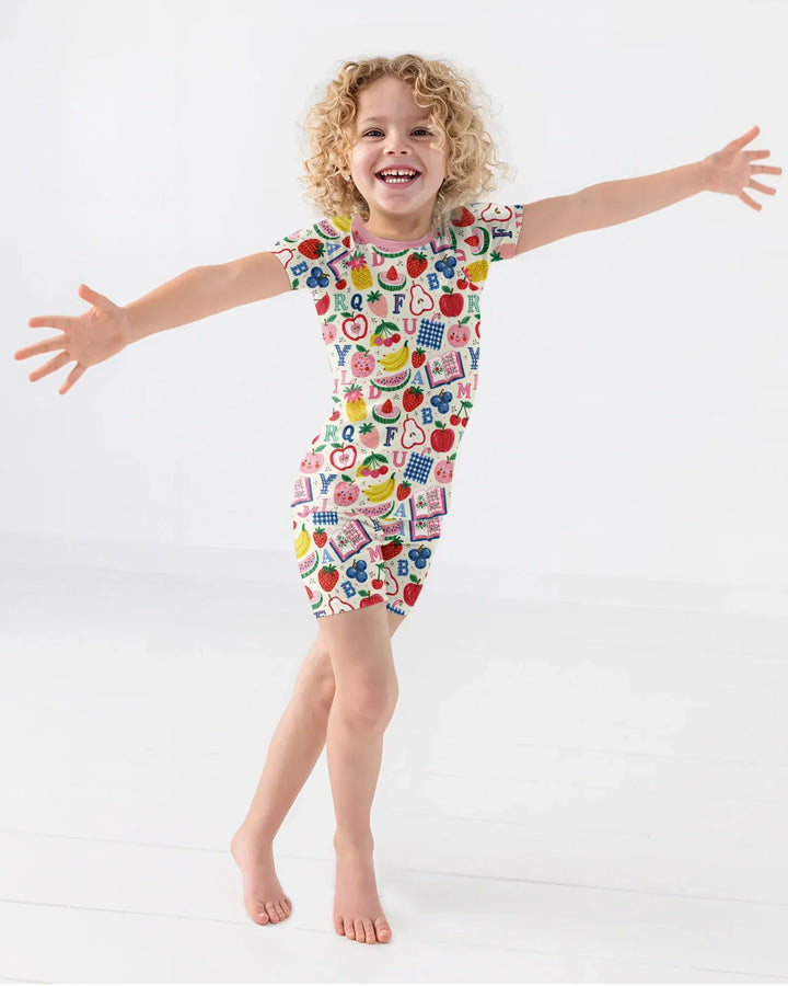 Back To School Fruit Alphabet Bamboo Two Piece Short Sleeve Shorts Pajama Set