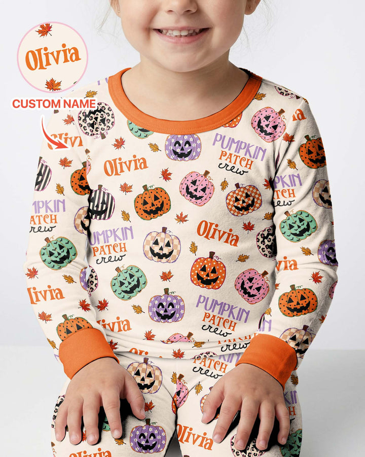 Custom Name Pumpkin Patch Crew Bamboo Two Piece Long Sleeve Pajama Set