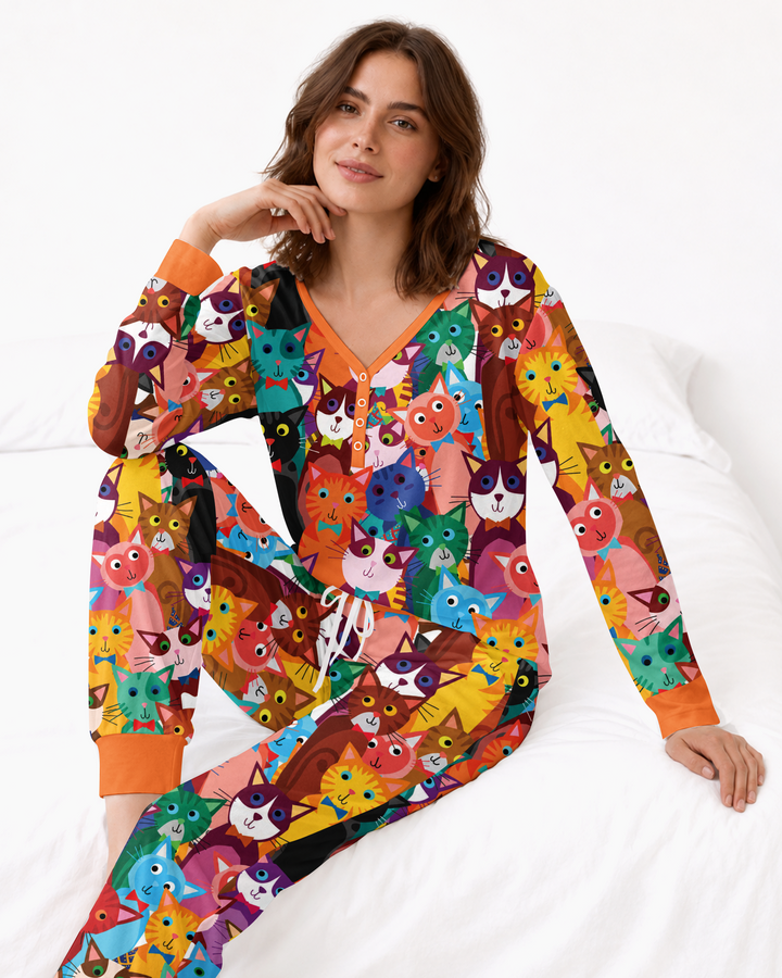 Colorful Cat Pattern Bamboo Women Pajama Set
