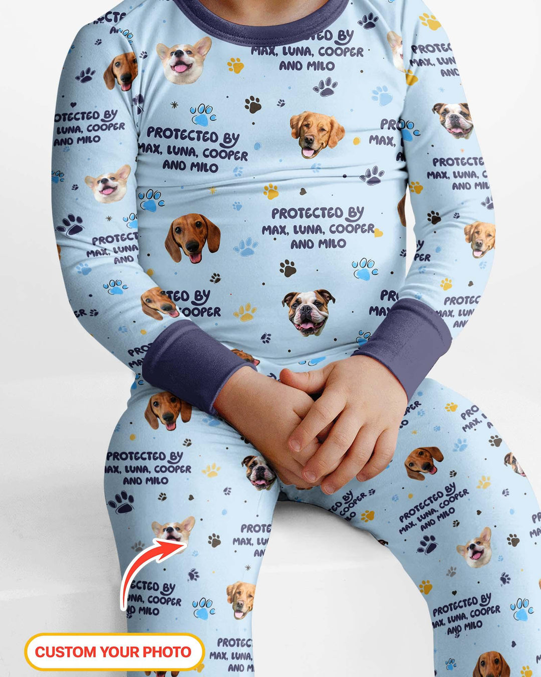 Custom Dog Photos "Protected By" Pawfect Blue Bamboo Two Piece Long Sleeve Pajama Set