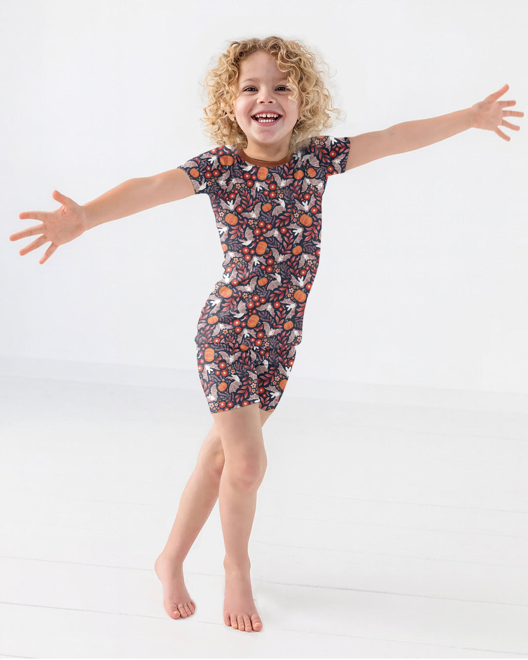 Bat Pumpkin Floral Halloween Bamboo Two Piece Short Sleeve Shorts Pajama Set