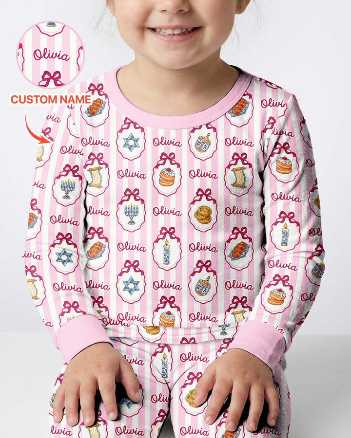 Custom Name Hanukkah Striped Bamboo Two Piece Long Sleeve Pajama Set