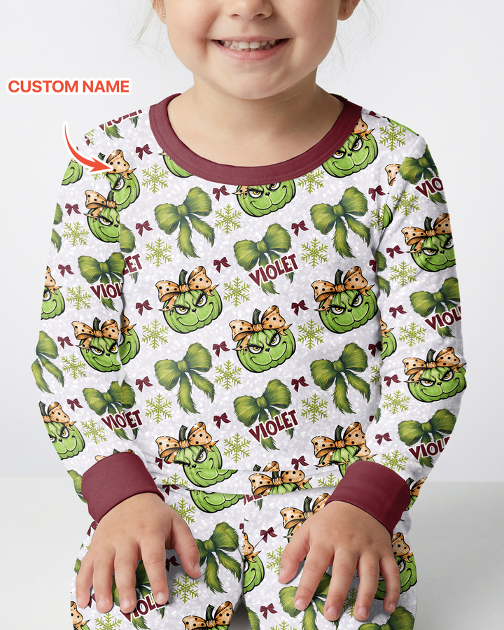 Custom Name Grumpy Green Christmas Bamboo Two Piece Long Sleeve Pajama Set