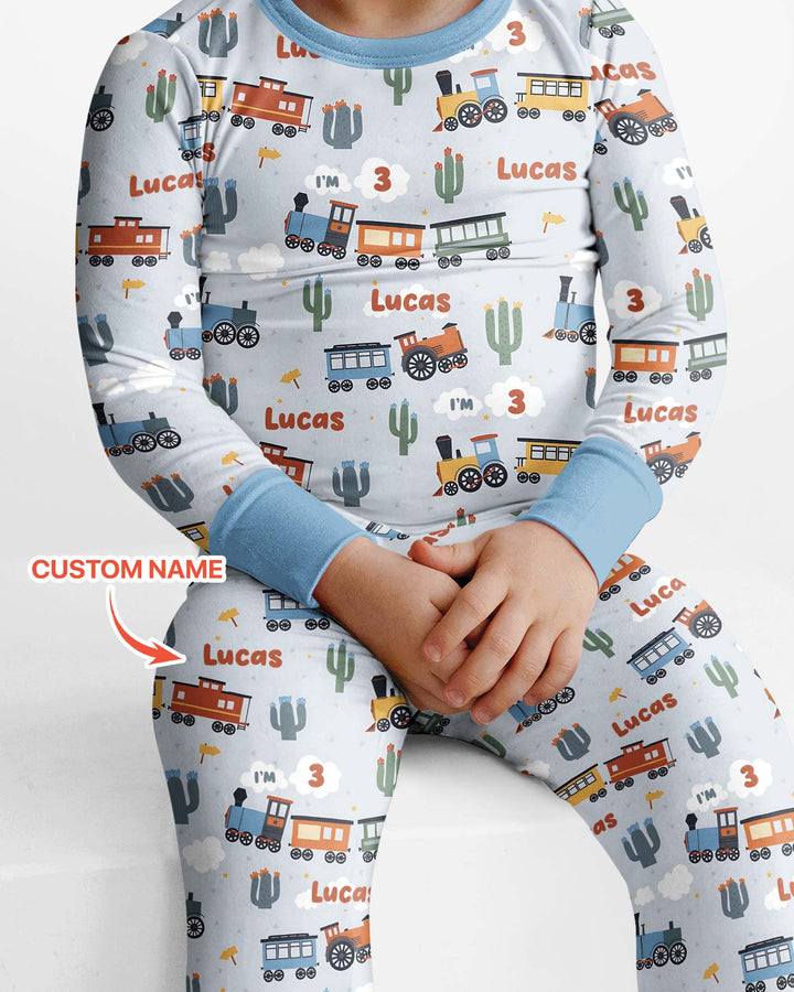 Personalized Train Birthday Bamboo Two Piece Long Sleeve Pajama Set