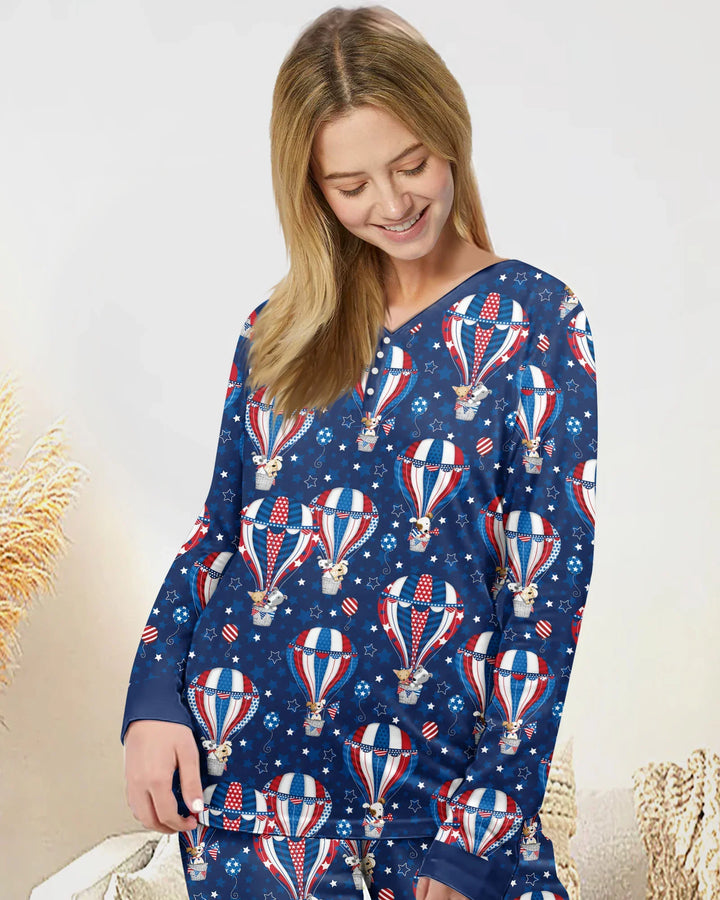 Patriotische Welpen in Heißluftballons Familien-Pyjama-Set aus Bambus für Damen