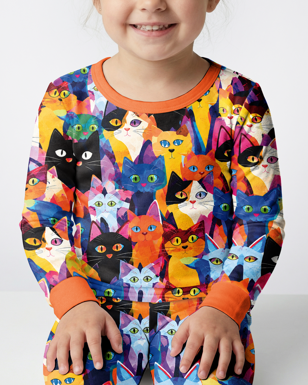 Cartoon Abstract Kitten Pattern Bamboo Two Piece Long Sleeve Pajama Set