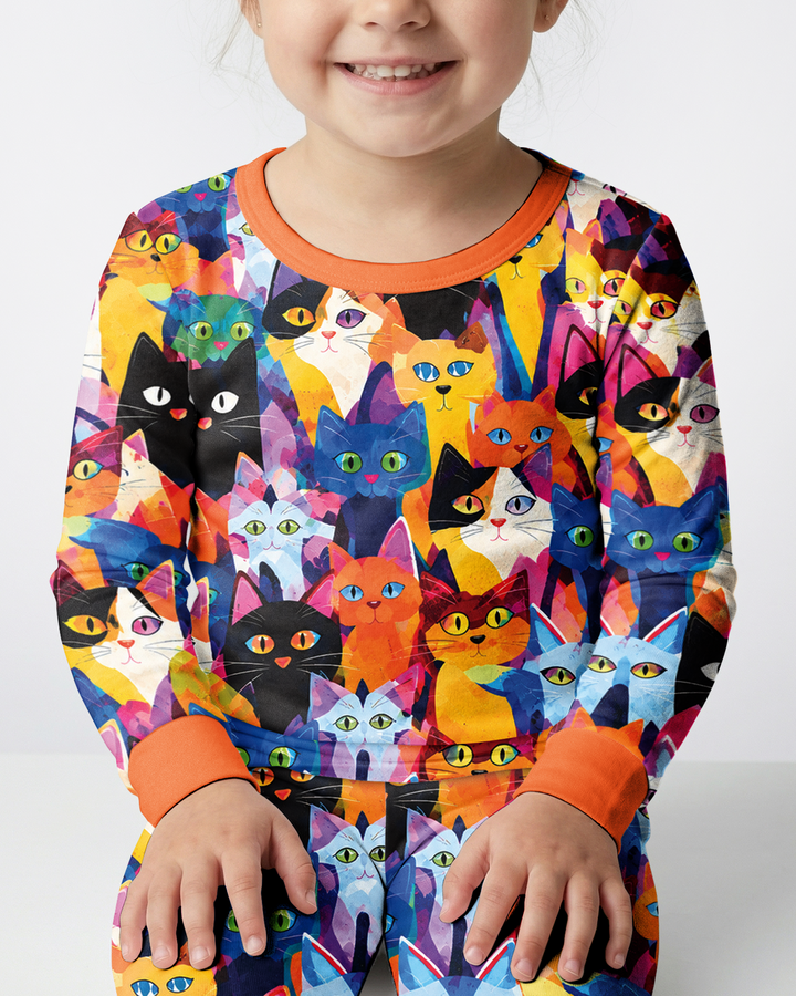 Cartoon Abstract Kitten Pattern Bamboo Two Piece Long Sleeve Pajama Set