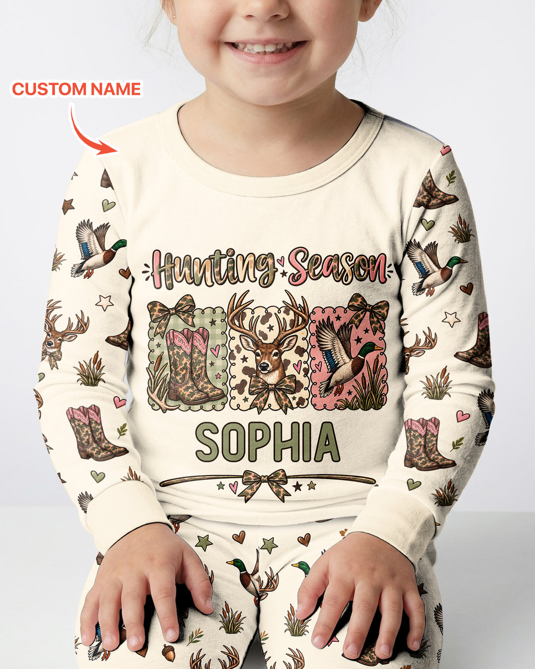 Custom Name Preppy Camo Bow  Bamboo Two Piece Long Sleeve Pajama Set