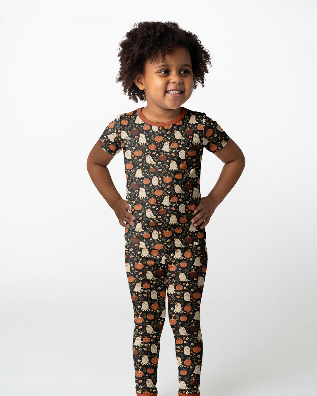 Ghost Pumpkin Harvest Floral Halloween Bamboo Two Piece Short Sleeve Pajama Set