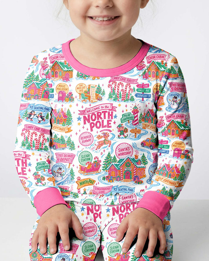 Welcome To North Pole Village Pink Christmas Bamboo Two Piece Long Sleeve Pajama Set