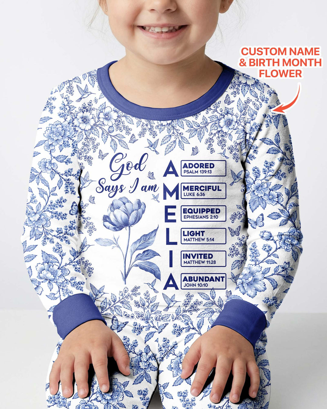 God Says I Am Letter In Bible Birth Flower Toile De Jouy  Bamboo Two Piece Long Sleeve Pajama Set
