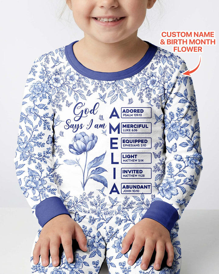 God Says I Am Letter In Bible Birth Flower Toile De Jouy  Bamboo Two Piece Long Sleeve Pajama Set