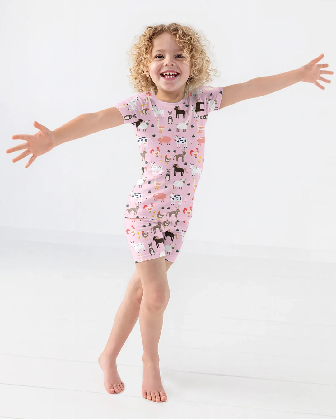 Pink Farm Animals Bamboo Two Piece Short Sleeve Shorts Pajama Set