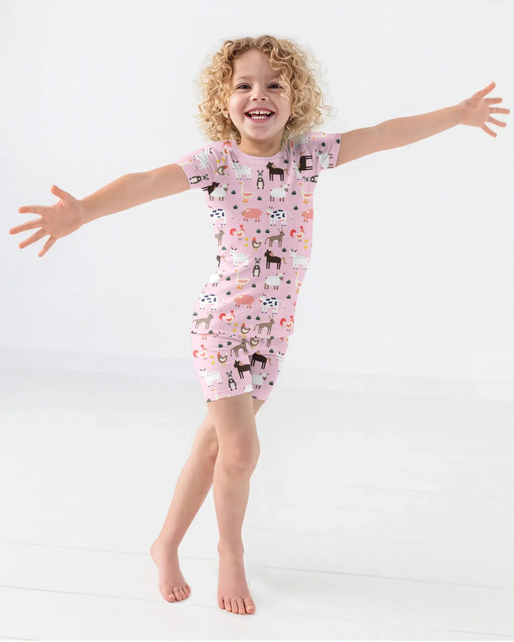 Pink Farm Animals Bamboo Two Piece Short Sleeve Shorts Pajama Set
