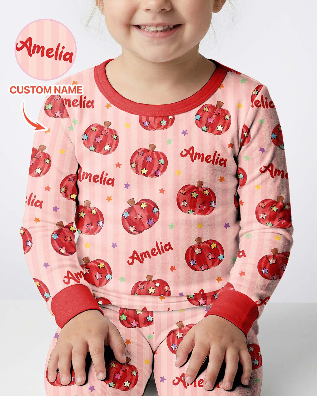 Colorful Star Pumpkin Custom Name Bamboo Two Piece Long Sleeve Pajama Set