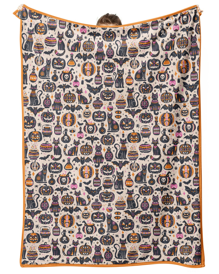 Whimsical Tribal Retro Halloween Black Cats Pumpkins Bamboo Blanket