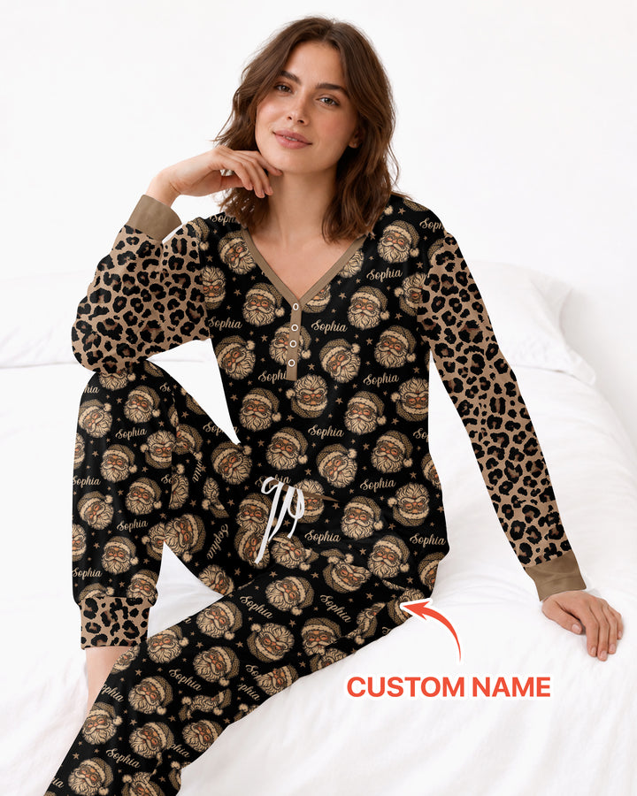 Custom Name Vintage Leopard Santa Bamboo Women Pajama Set