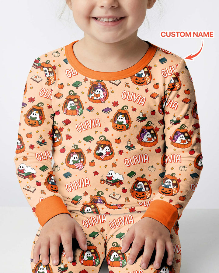 Bookish Ghost Halloween Custom Name Bamboo Two Piece Long Sleeve Pajama Set