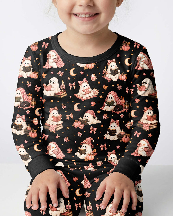 Coquette Bookish Ghost Halloween Bamboo Two Piece Long Sleeve Pajama Set