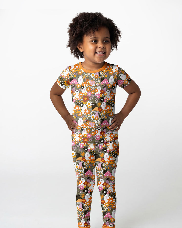 Retro Ghost Mushroom Floral Halloween Bamboo Two Piece Short Sleeve Pajama Set