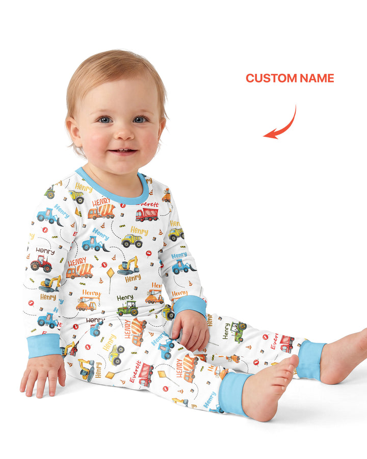 Construction Vehicles Custom Name Bamboo Two Piece Long Sleeve Pajama Set