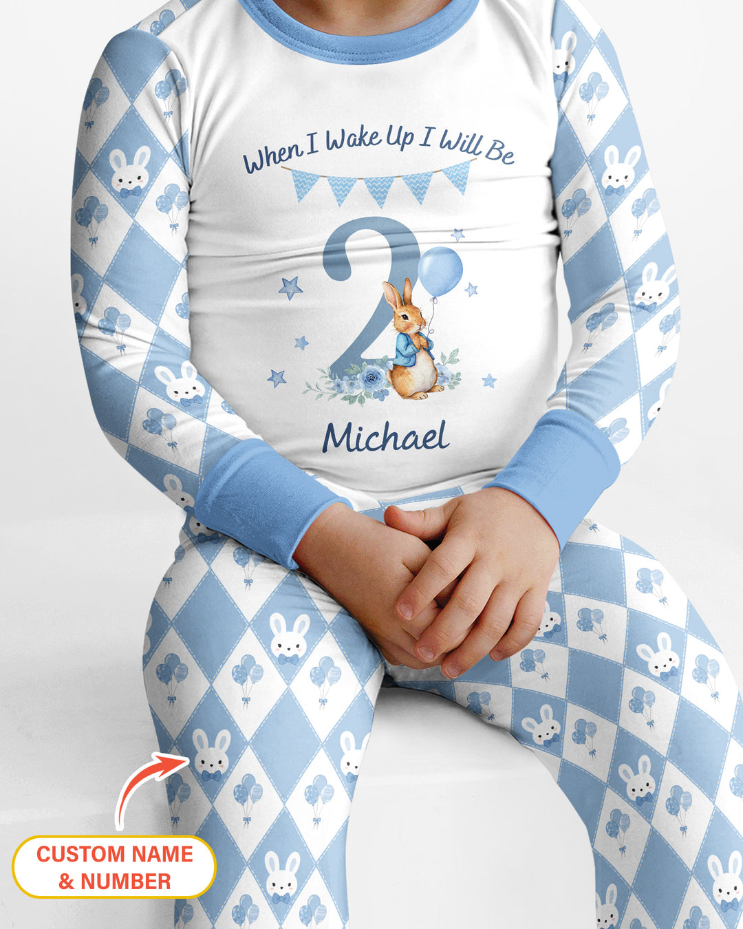 Custom Name When I Wake Up Bunny Birthday Bamboo Two Piece Long Sleeve Pajama Set