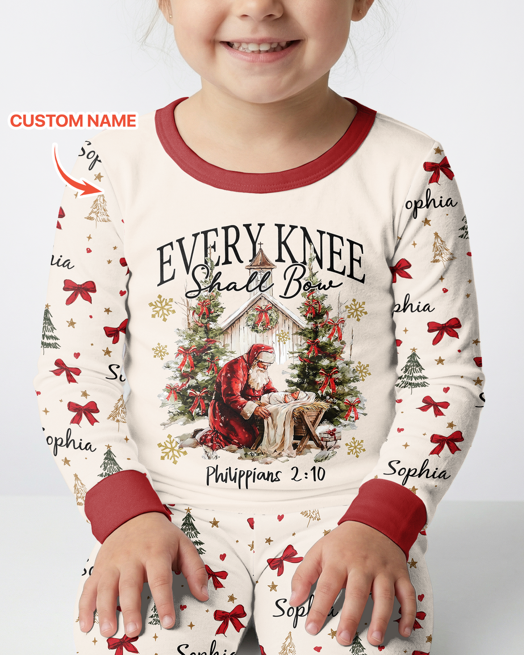 Every Knee Shall Bow Custom Name Mommy And Me Matching Bamboo Two Piece Long Sleeve Pajama Set