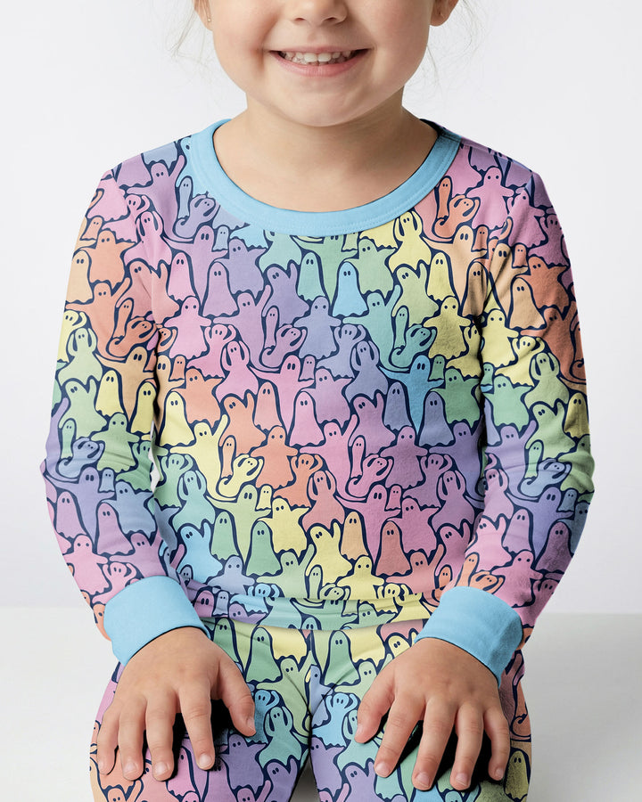 Pastel Rainbow Ghost Halloween Bamboo Two Piece Long Sleeve Pajama Set