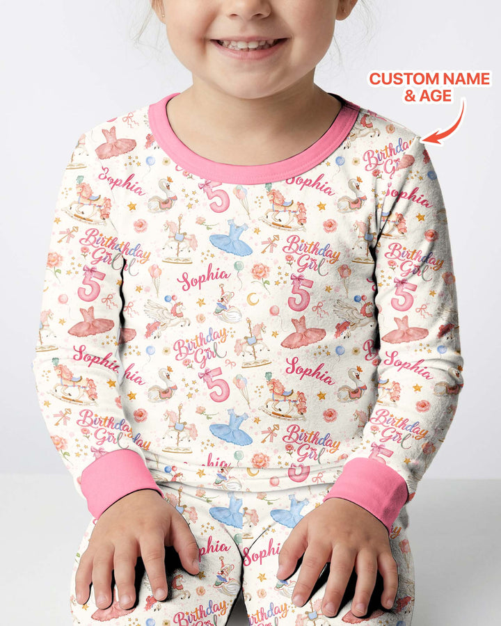 Ballerina Birthday Girl Custom Name & Age Bamboo Two Piece Long Sleeve Pajama Set