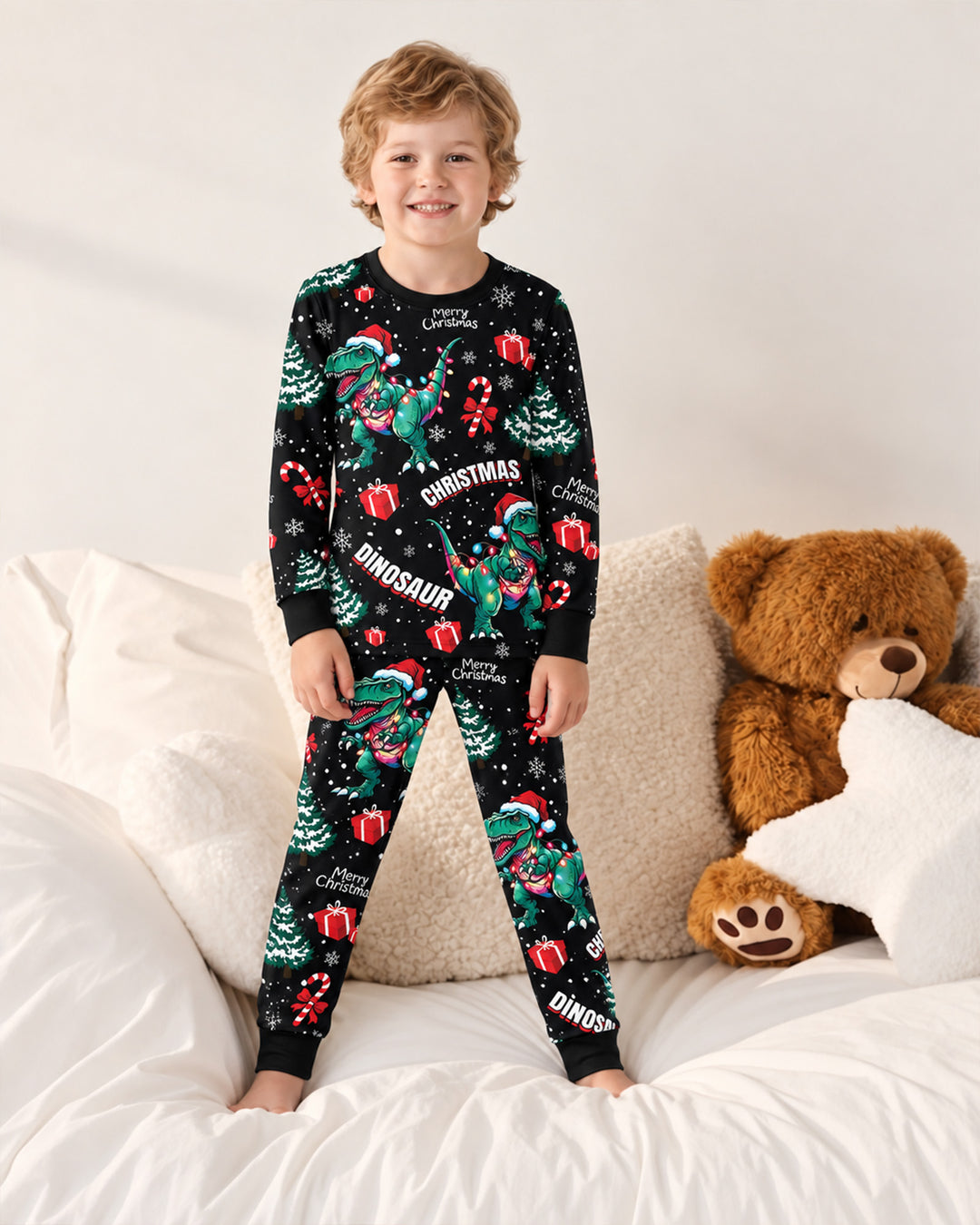 Dinosaur Raw Noel Bamboo Two Piece Long Sleeve Pajama Set