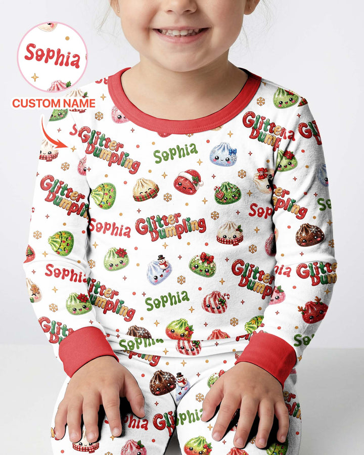 Custom Name Glitter Christmas Dumpling  Bamboo Two Piece Long Sleeve Pajama Set
