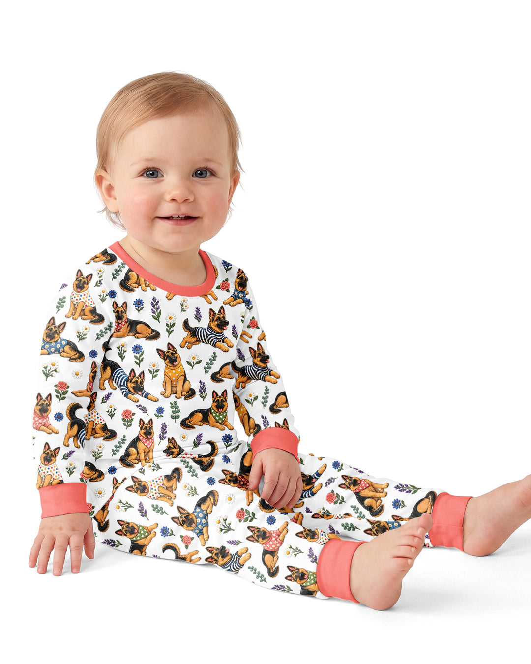Floral German Shepherds Bamboo Two Piece Long Sleeve Pajama Set