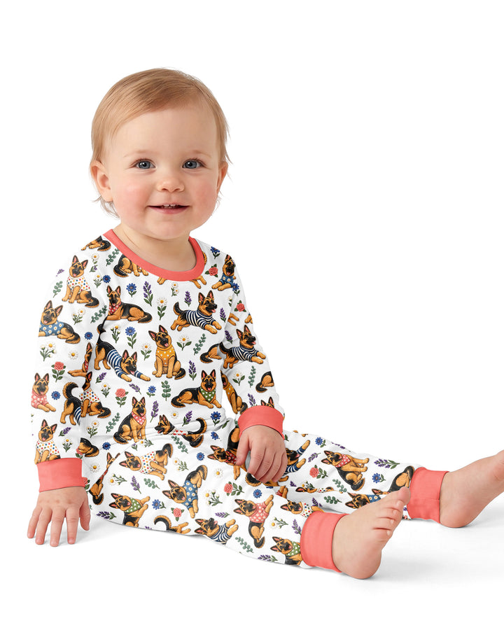 Floral German Shepherds Bamboo Two Piece Long Sleeve Pajama Set