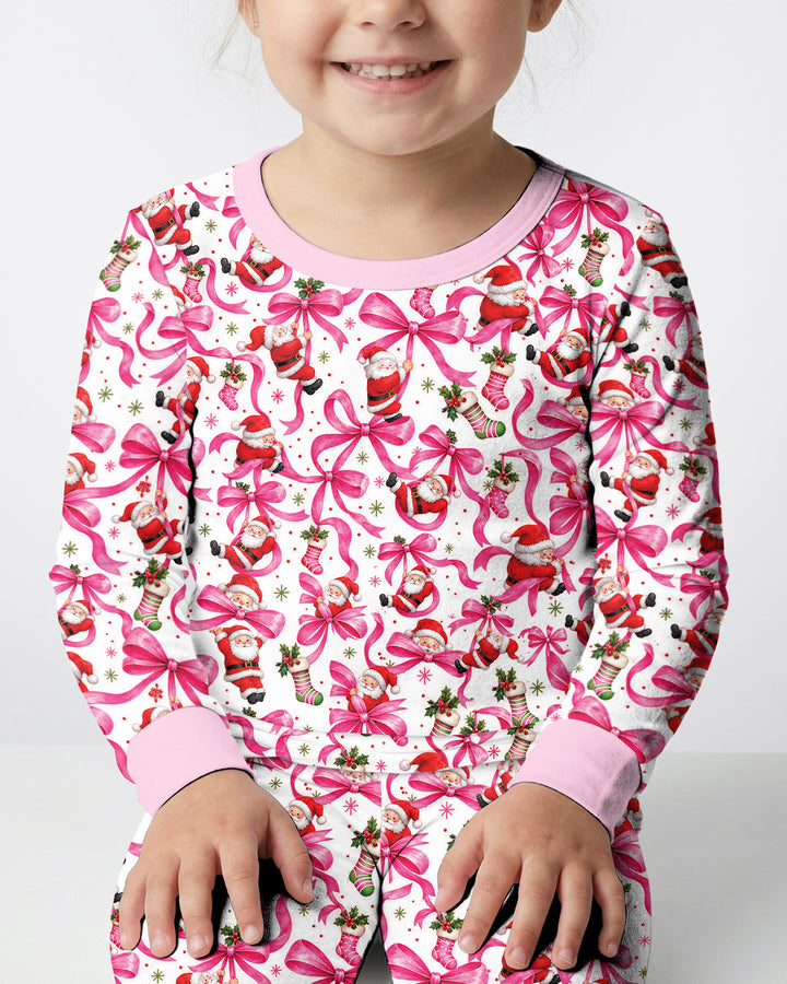 Pink Christmas Santa Bows Bamboo Two Piece Long Sleeve Pajama Set