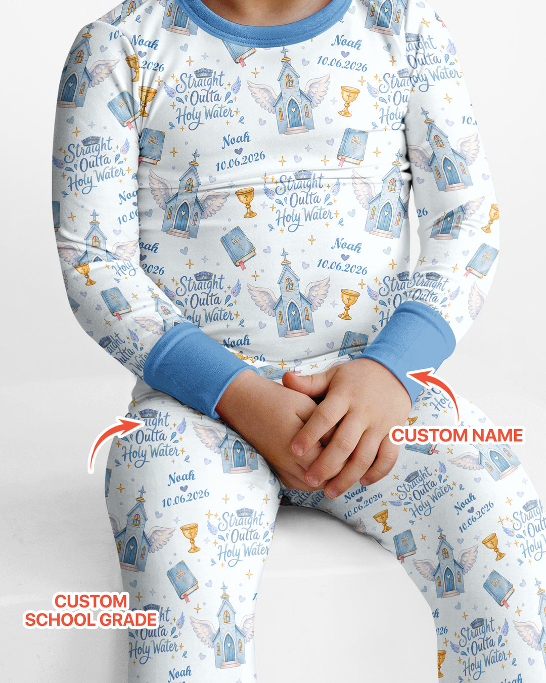 Custom Name Baptism Christening Straight Outta Holy Water Bamboo Two Piece Long Sleeve Pajama Set