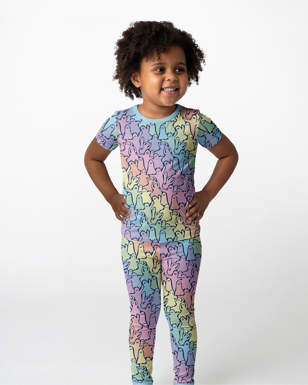 Pastel Rainbow Ghost Halloween Bamboo Two Piece Short Sleeve Pajama Set