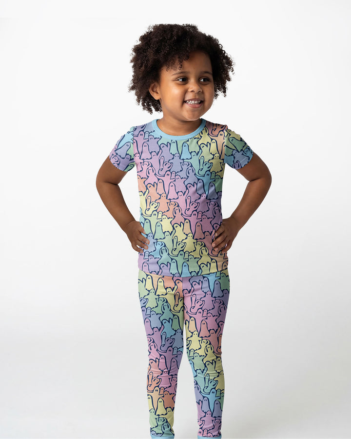 Pastel Rainbow Ghost Halloween Bamboo Two Piece Short Sleeve Pajama Set