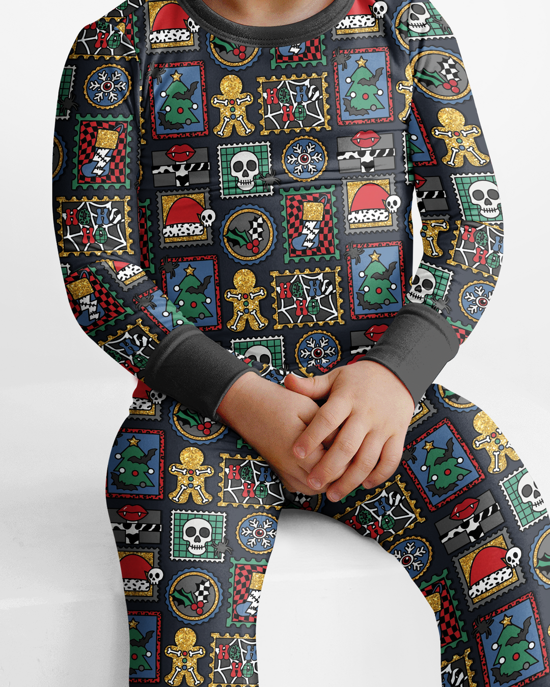 Retro Spooky Christmas Stamp Bamboo Two Piece Long Sleeve Pajama Set