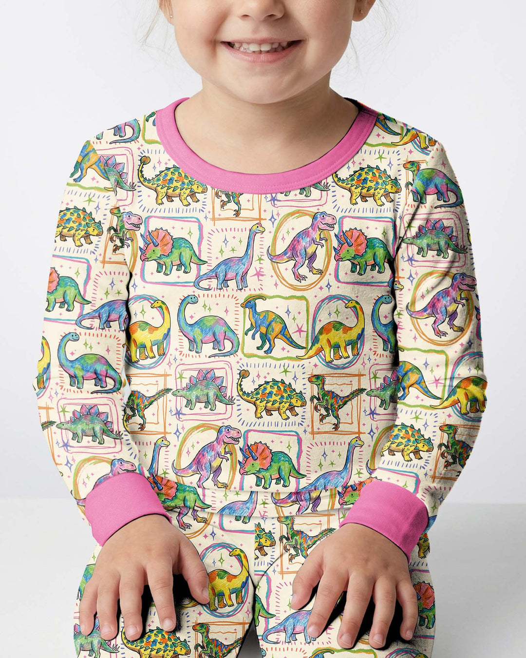 Colorful Dino Sketchbook Bamboo Two Piece Long Sleeve Pajama Set