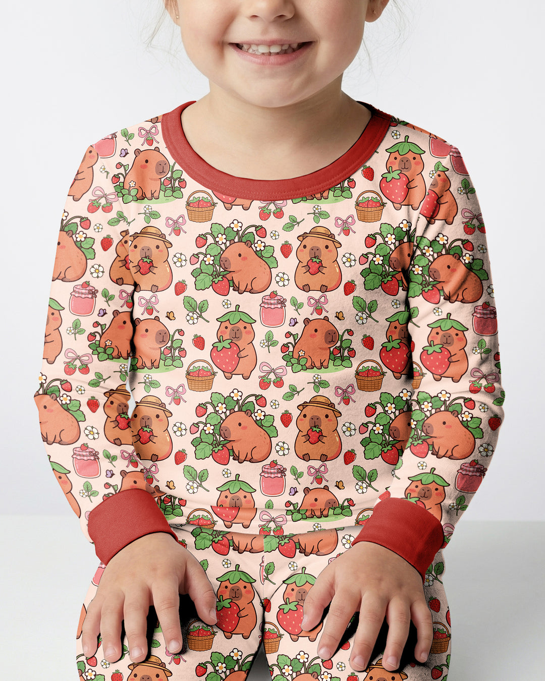 Capybara Strawberry Bamboo Two Piece Long Sleeve Pajama Set