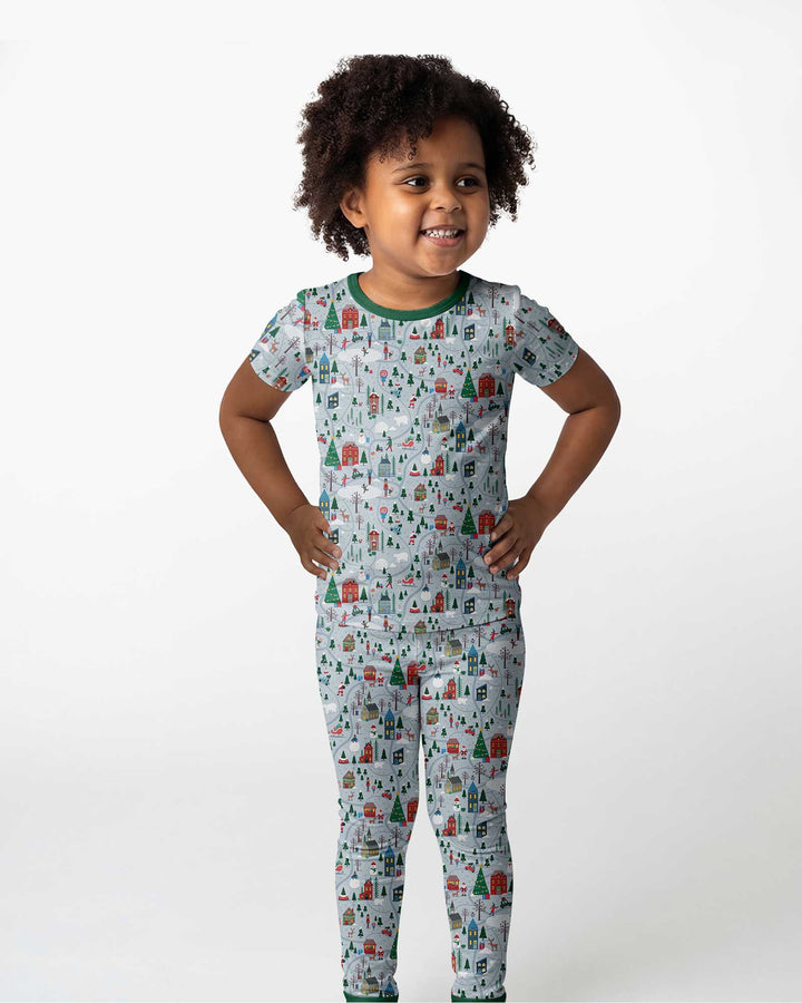 Snowy Christmas Village Map Bamboo Two Piece Short Sleeve Pajama Set
