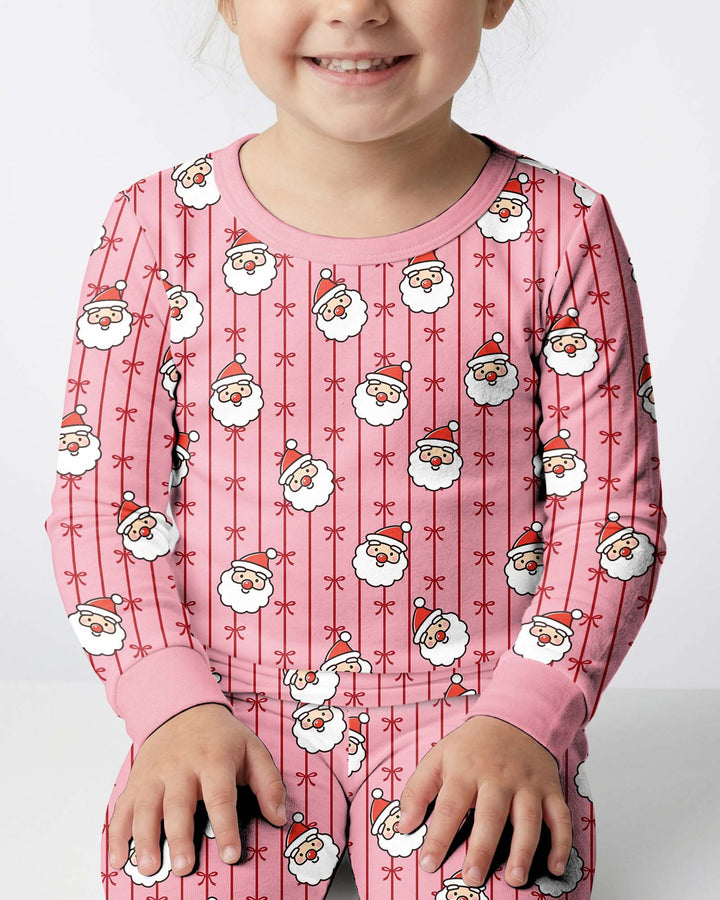 Pink Santa Bow Stripe Christmas Bamboo Two Piece Long Sleeve Pajama Set