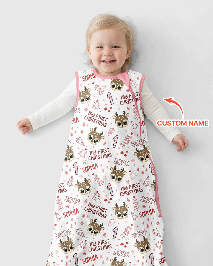 Custom Name Reindeer Doodle My First Christmas Bamboo Sleep Bag