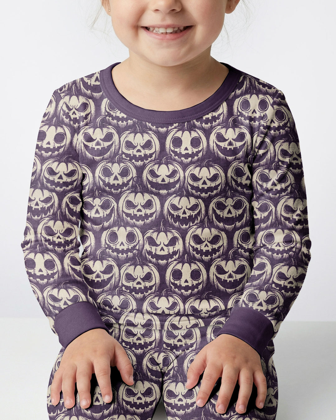 Retro Halloween Jack-O-Lantern Spooky Faces Bamboo Two Piece Long Sleeve Pajama Set