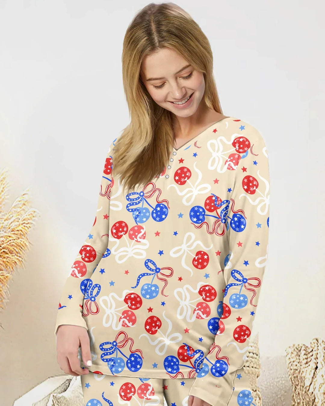 Kirsch-Amerika 4. Juli Bambus Pyjama-Set für Damen
