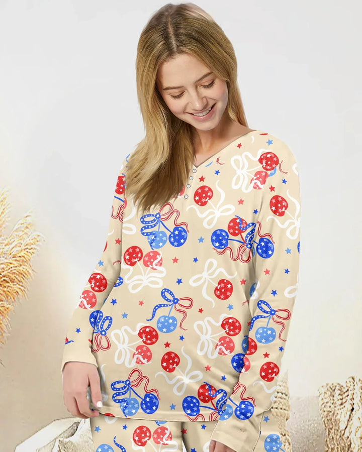 Kirsch-Amerika 4. Juli Bambus Pyjama-Set für Damen