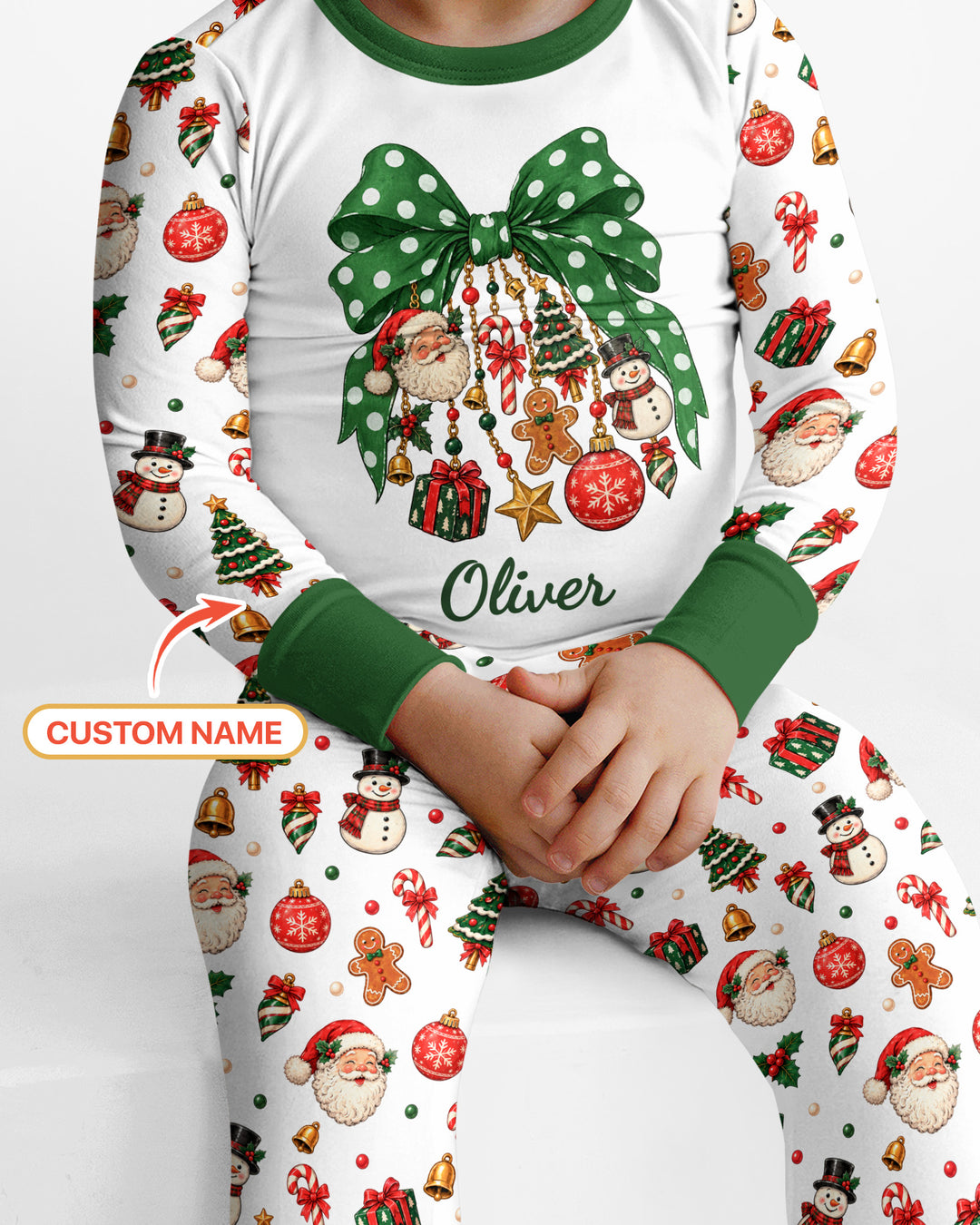 Custom Name Christmas The Bow Bamboo Two Piece Long Sleeve Pajama Set