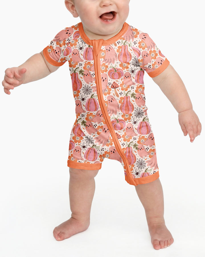 Pink Ghost Pumpkin Fall Floral Halloween Bamboo Shorty Zippy